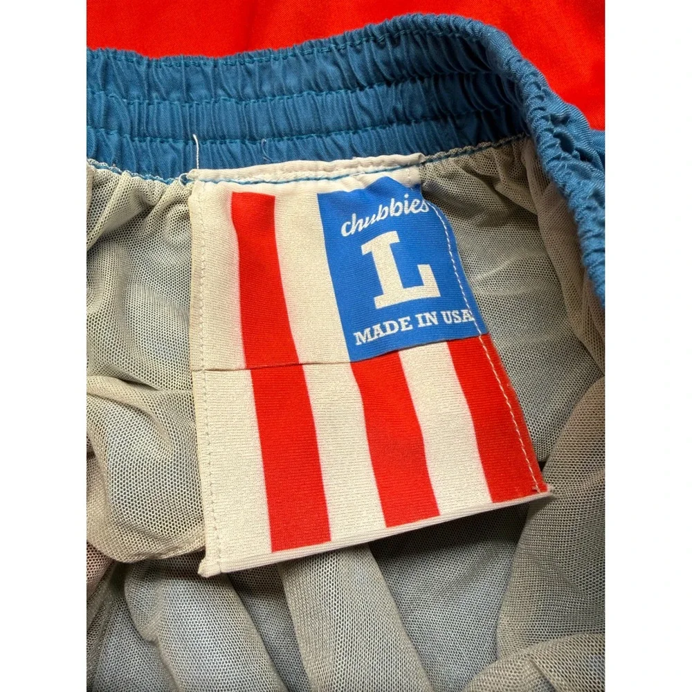 Chubbies Mens Red Blue Colorblock Swim Trunks Mesh Lined Shorts L Made in USA
